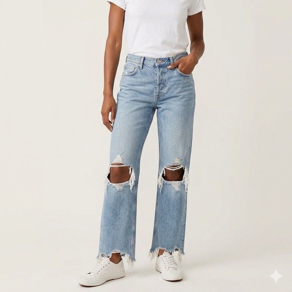 We The Free Distressed Light Wash Jeans Step Hem Knee Cutouts 27 Free People